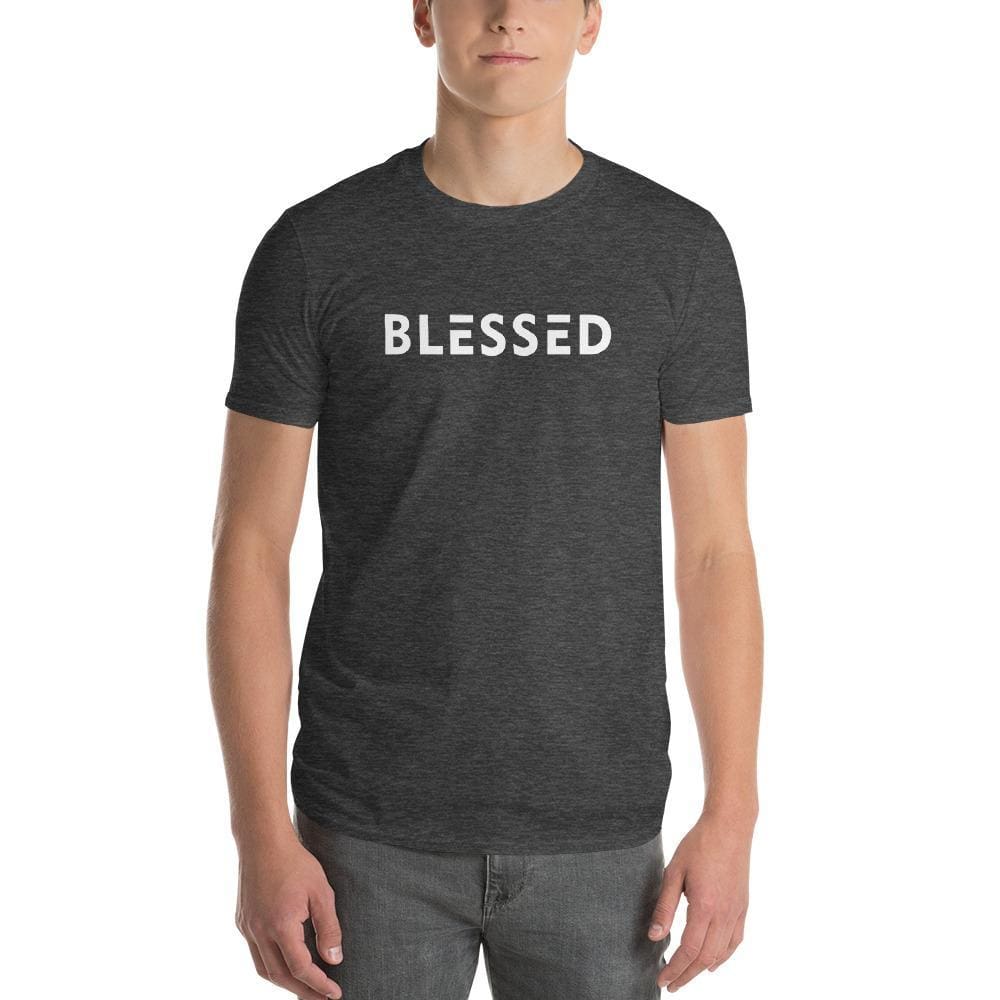 Men's graphic T-shirt, dark heather black, crew neck; 'BLESSED' front print