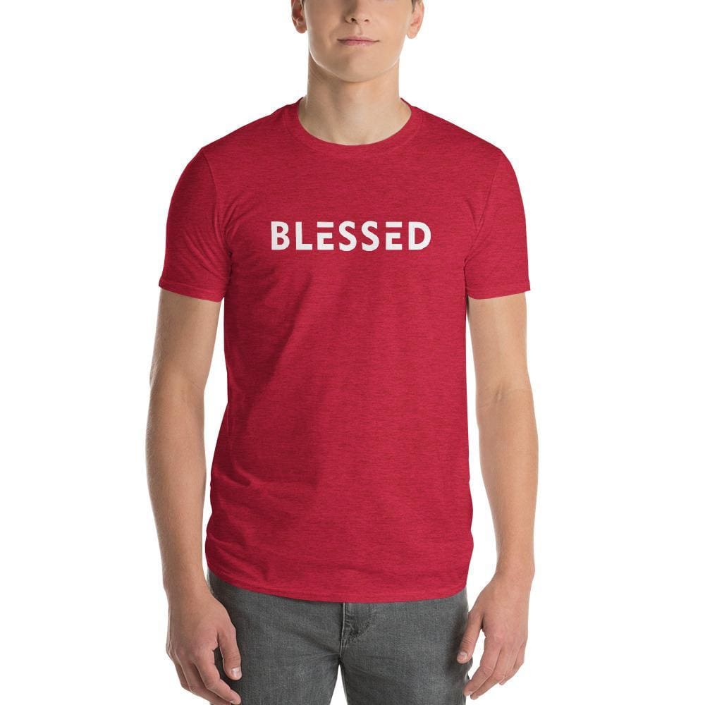 Men's graphic T-shirt, red heather, crew neck; 'BLESSED' front print