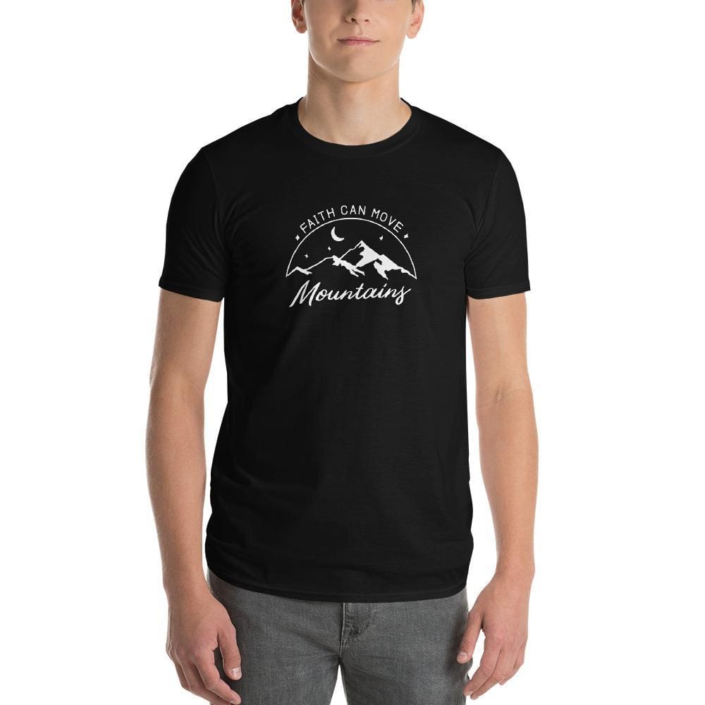 Men's black crew-neck T-shirt with circular faith and mountains graphic