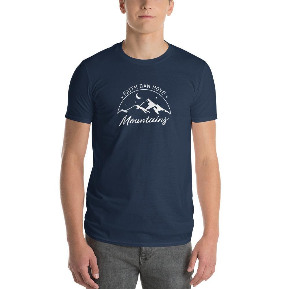 Men's navy crew-neck T-shirt with circular faith and mountains graphic