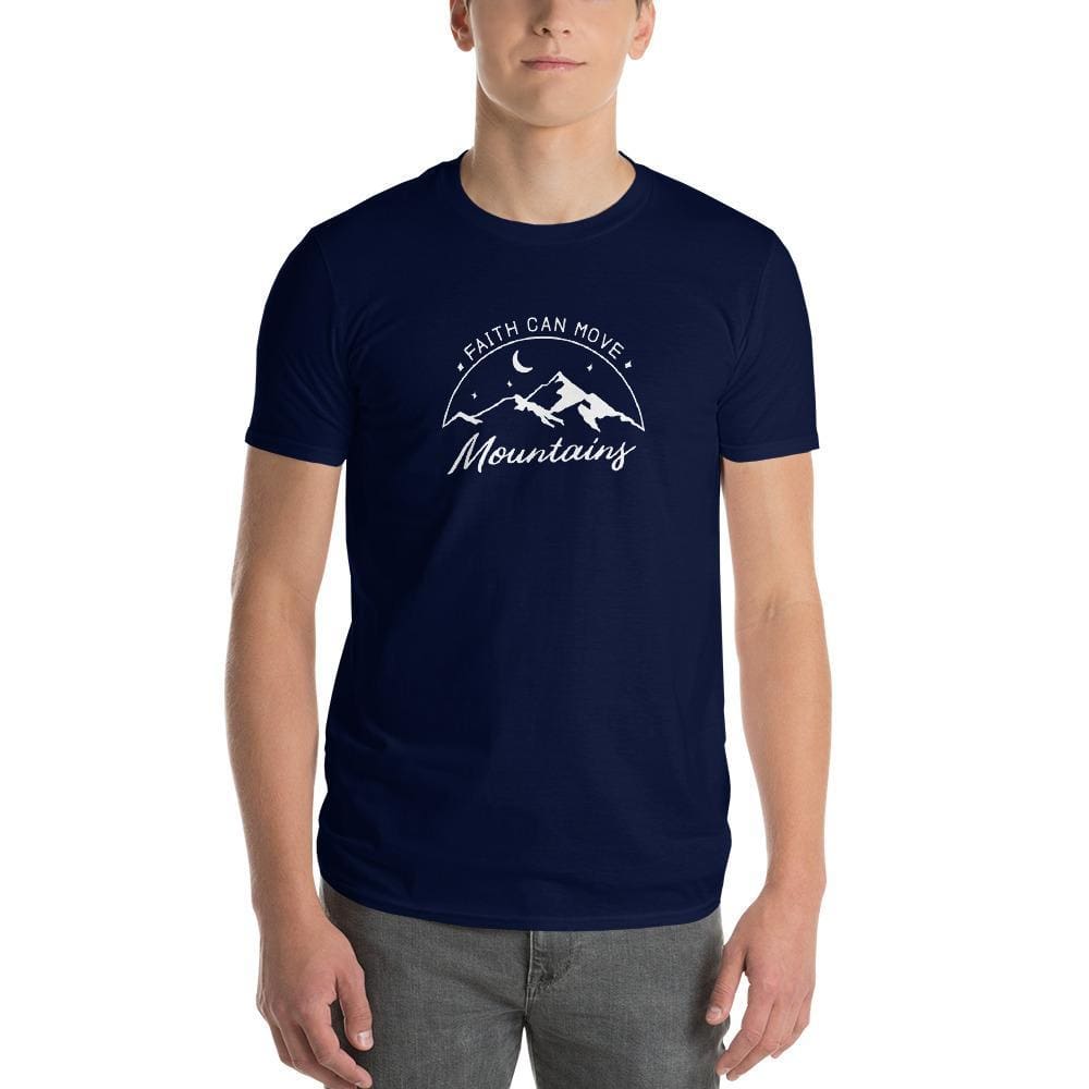 Men's dark navy crew-neck T-shirt with circular faith and mountains print