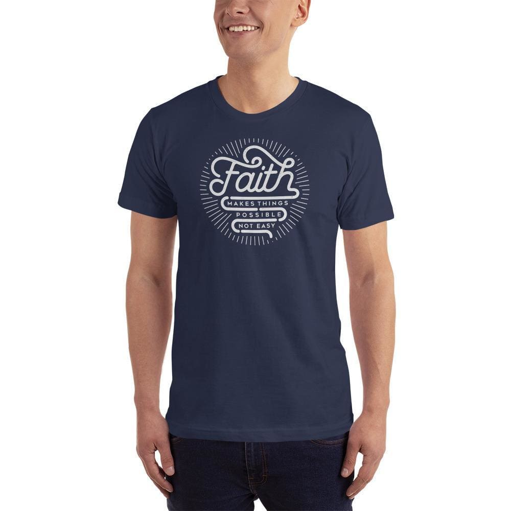 Men's faith graphic T-shirt, dark blue crew neck with circular 'faith' logo