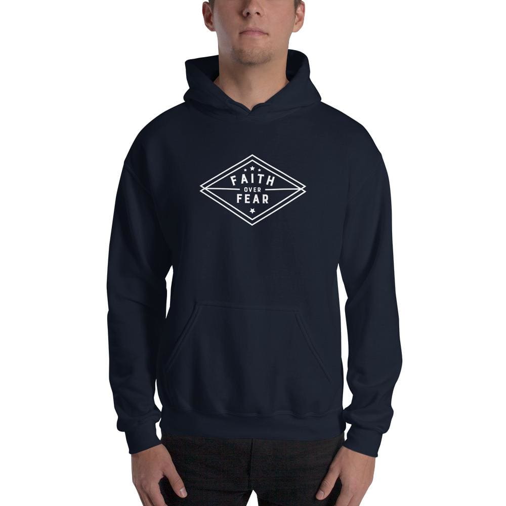 Men's navy Christian pullover hoodie with diamond Faith over Fear graphic