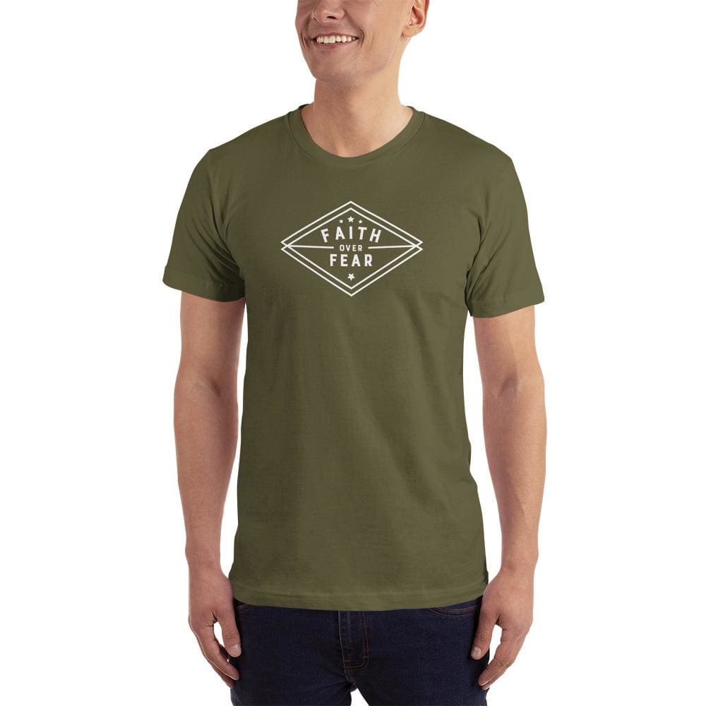 Men's olive T-shirt with diamond Faith over Fear graphic, crew neck