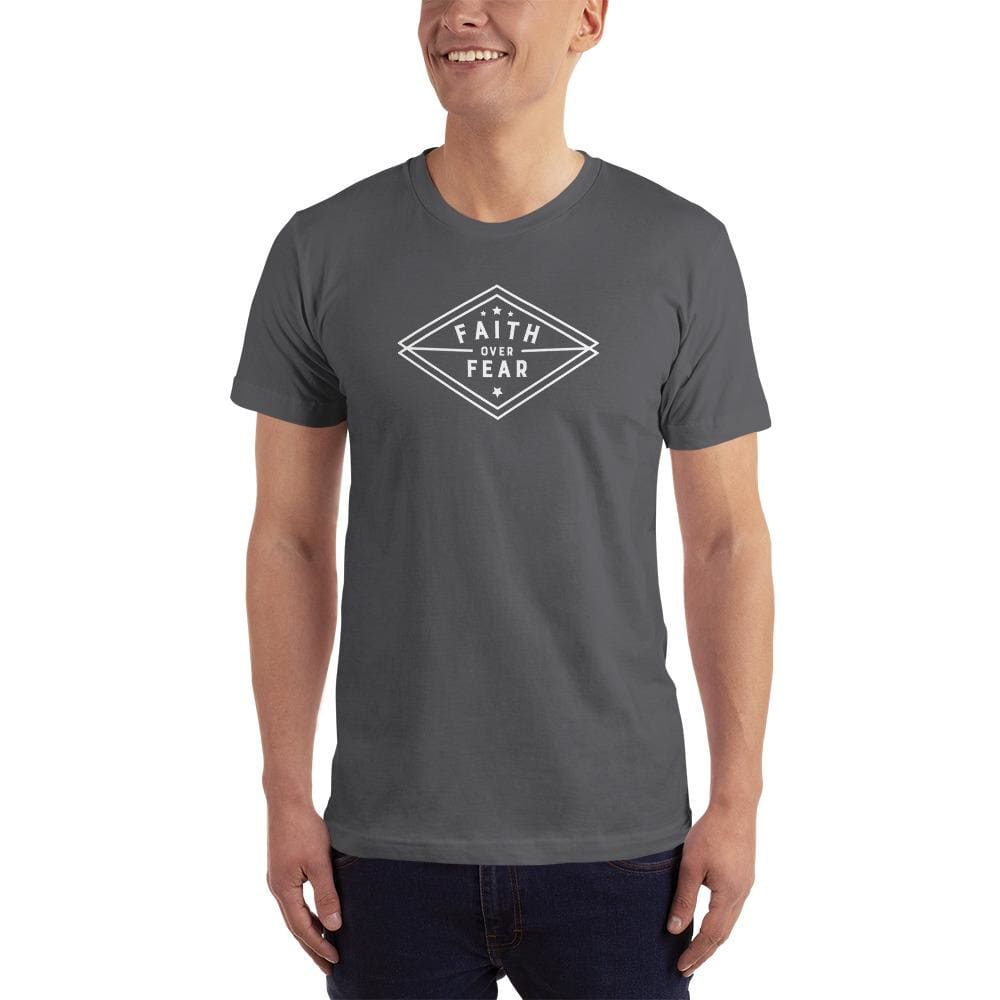 Men's dark gray T-shirt with diamond Faith over Fear graphic, crew neck