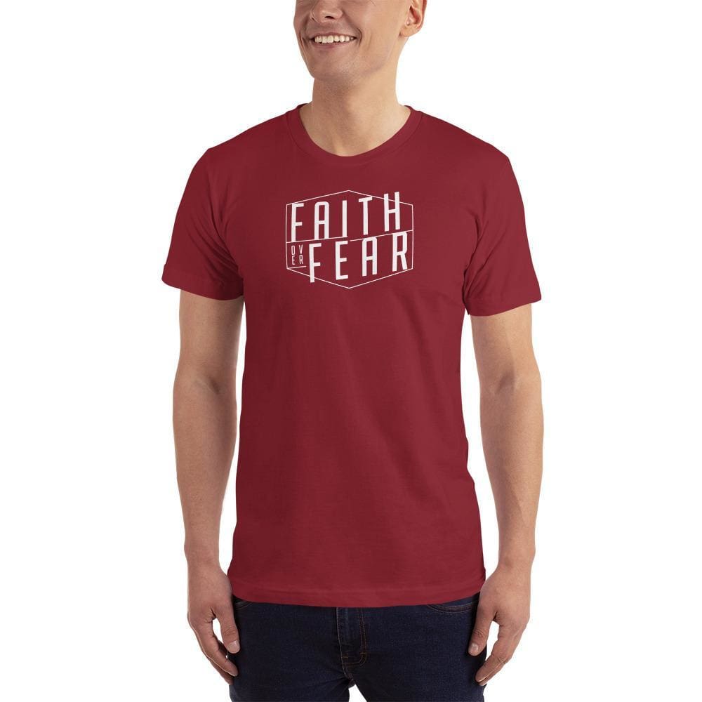 Men's crewneck faith over fear T-shirt, cranberry red with white front graphic