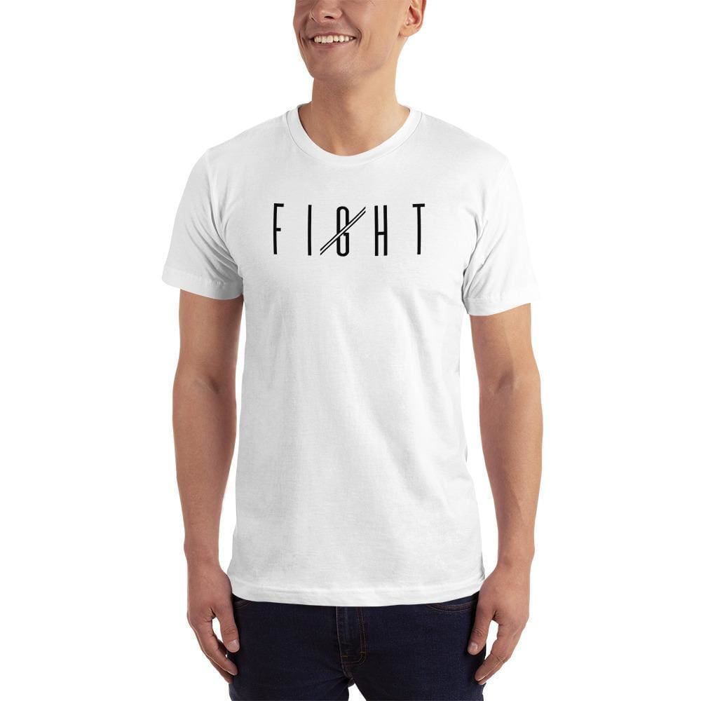 Men's white crew-neck T-shirt with FIGHT graphic