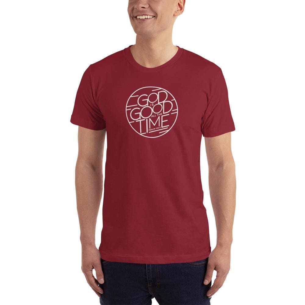 Men's Christian T-shirt, deep red, crew neck with circular faith logo graphic