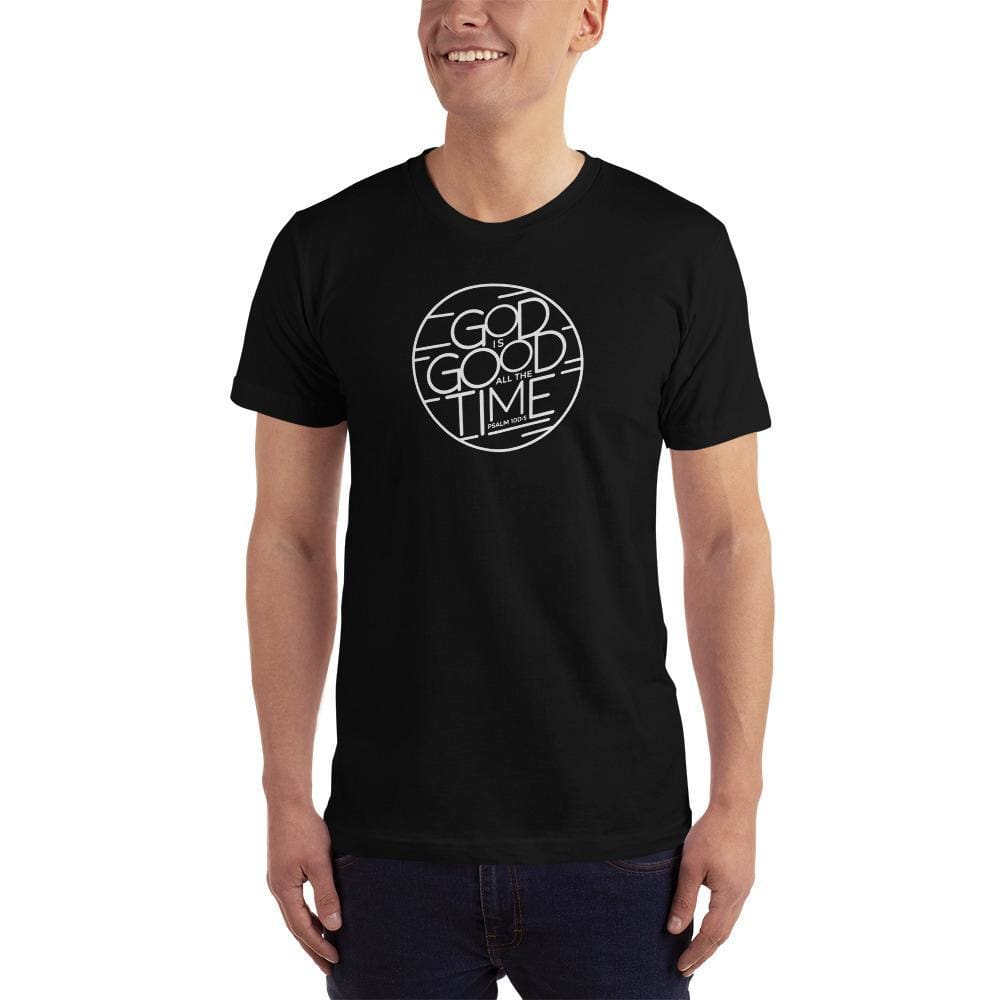 Men's Christian T-shirt, black, crew neck with circular faith logo graphic