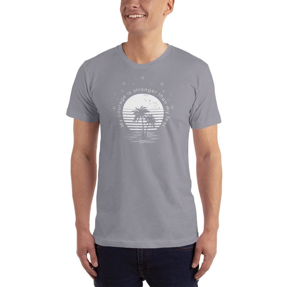 Men's light gray crewneck T-shirt with circular palm tree graphic at chest