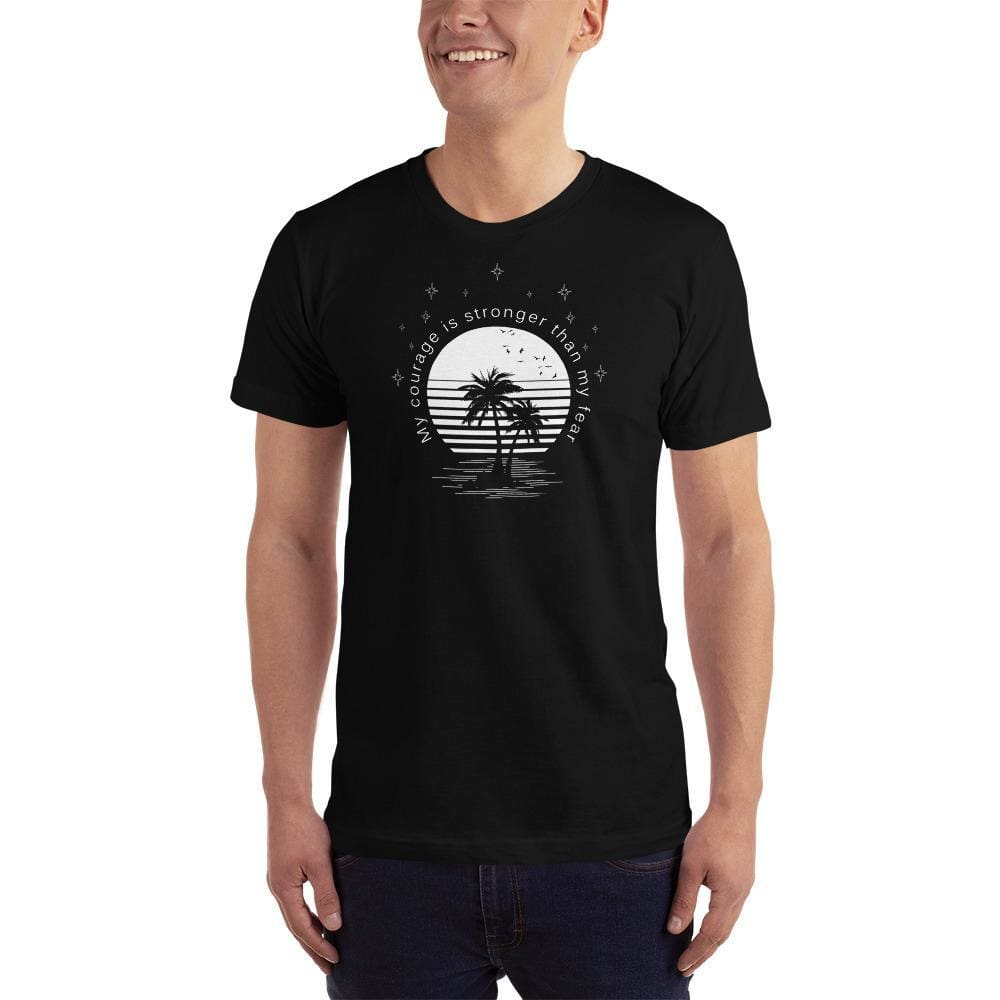 Men's black crewneck T-shirt with circular palm tree graphic at chest