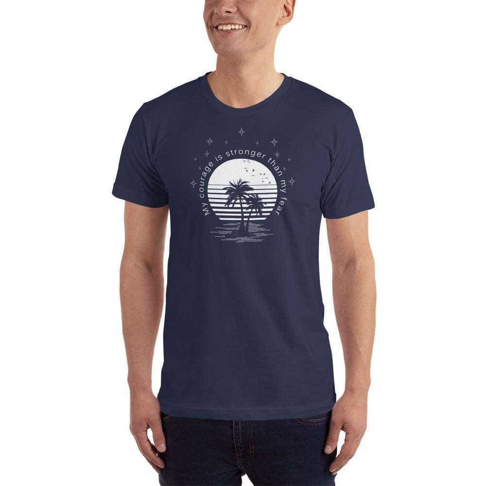 Men's navy crewneck T-shirt with circular palm tree graphic at chest