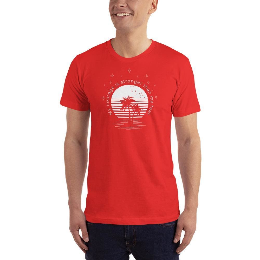 Men's red crewneck T-shirt with circular palm tree graphic at chest