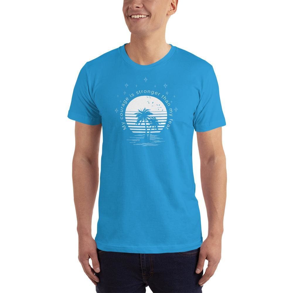 Men's blue crewneck T-shirt with circular palm tree graphic at chest