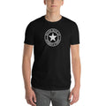 Men's black graphic T-shirt with round chest logo