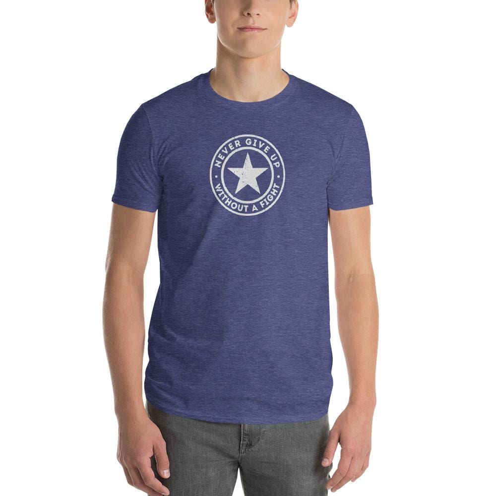Men's heather blue graphic T-shirt with round chest logo