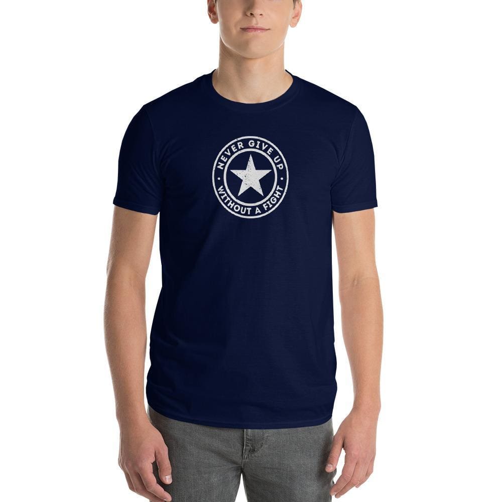 Men's navy graphic T-shirt with round chest logo