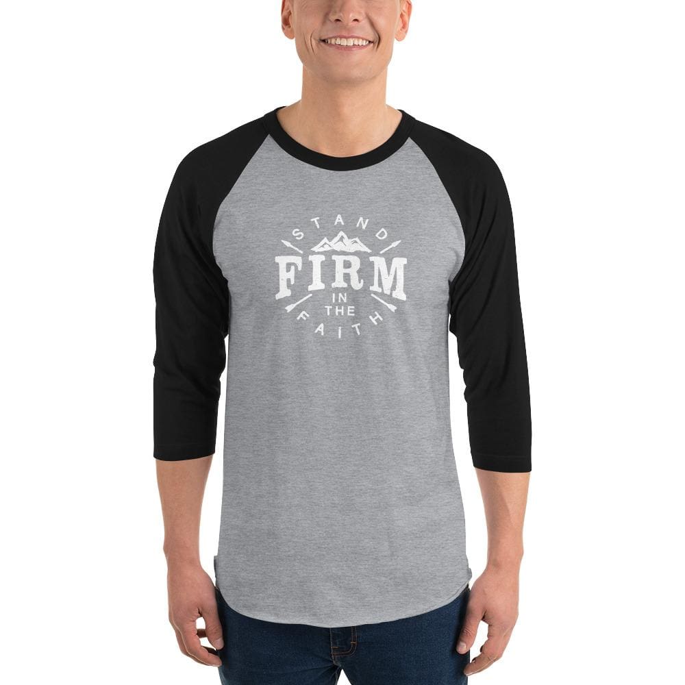 Men's raglan 3/4 sleeve T-shirt with heather gray body, black sleeves, 'Firm' front print