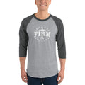 Men's raglan 3/4 sleeve T-shirt with heather gray body, charcoal sleeves, 'Firm' front print