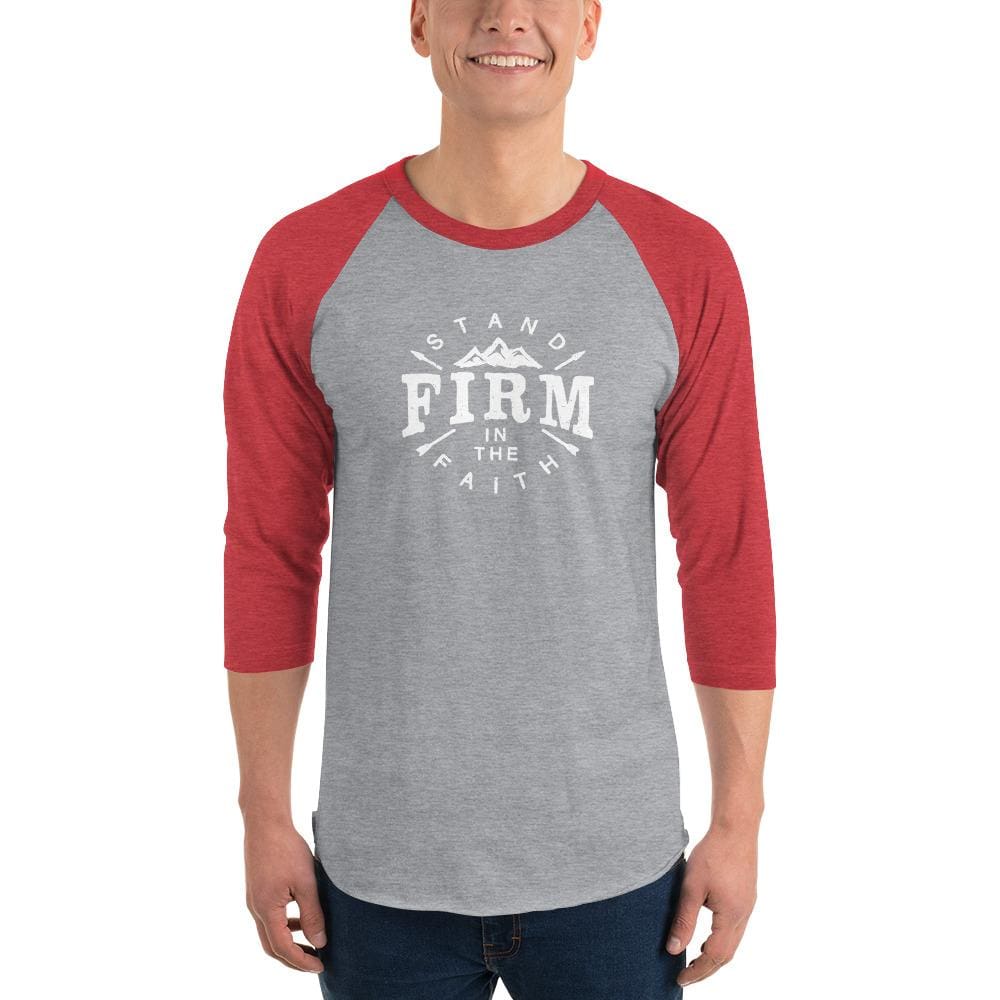 Men's raglan 3/4 sleeve T-shirt with heather gray body, red sleeves, 'Firm' front print