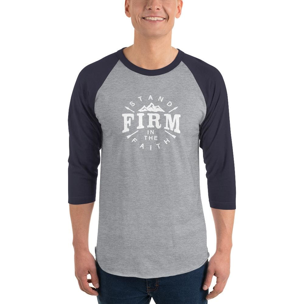 Men's raglan 3/4 sleeve T-shirt with heather gray body, navy sleeves, 'Firm' front print
