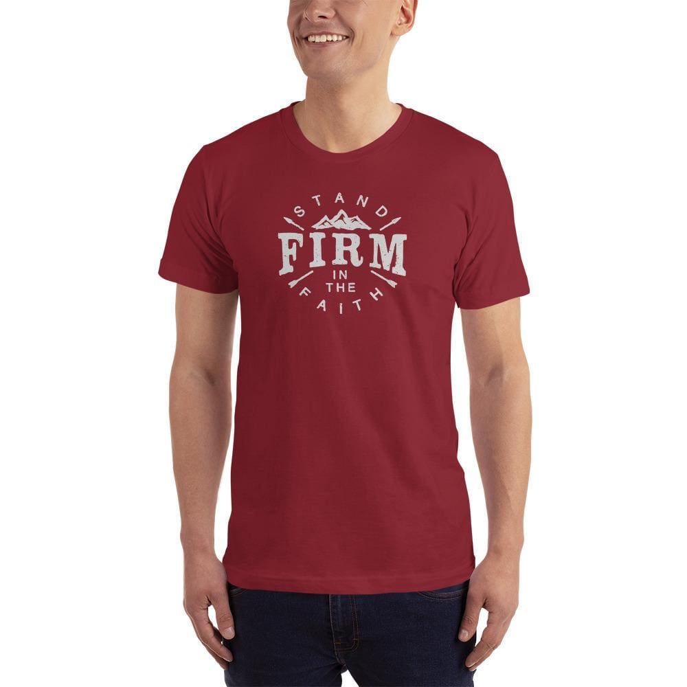 Men's burgundy graphic faith t-shirt, crew neck, short sleeves with Firm logo