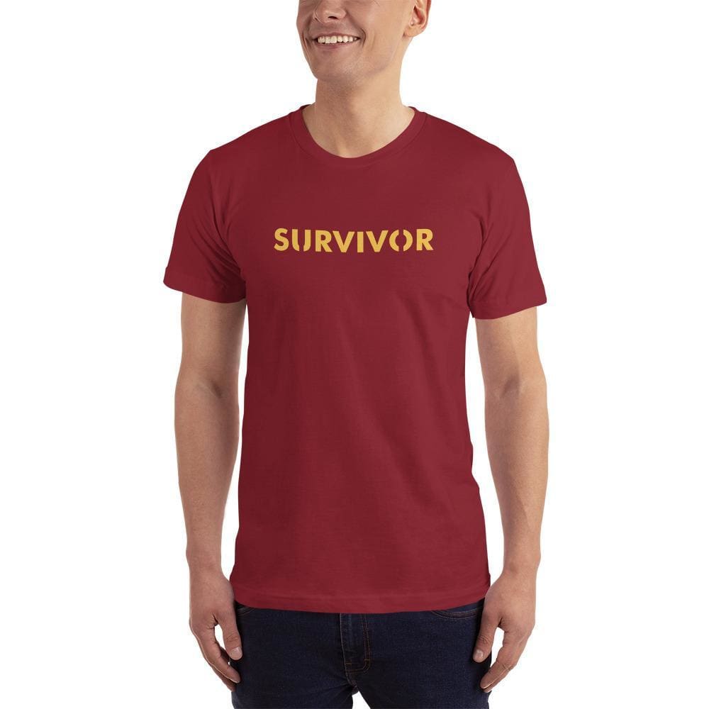Men's short-sleeve T-shirt in cranberry with yellow 'SURVIVOR' front print