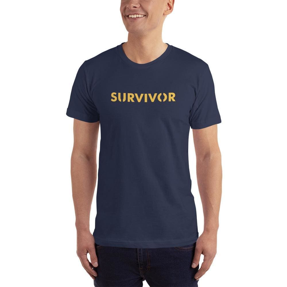 Men's short-sleeve T-shirt in navy with yellow 'SURVIVOR' front print