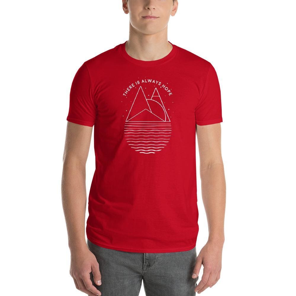 Men's red t-shirt with triangular graphic and striped wave print