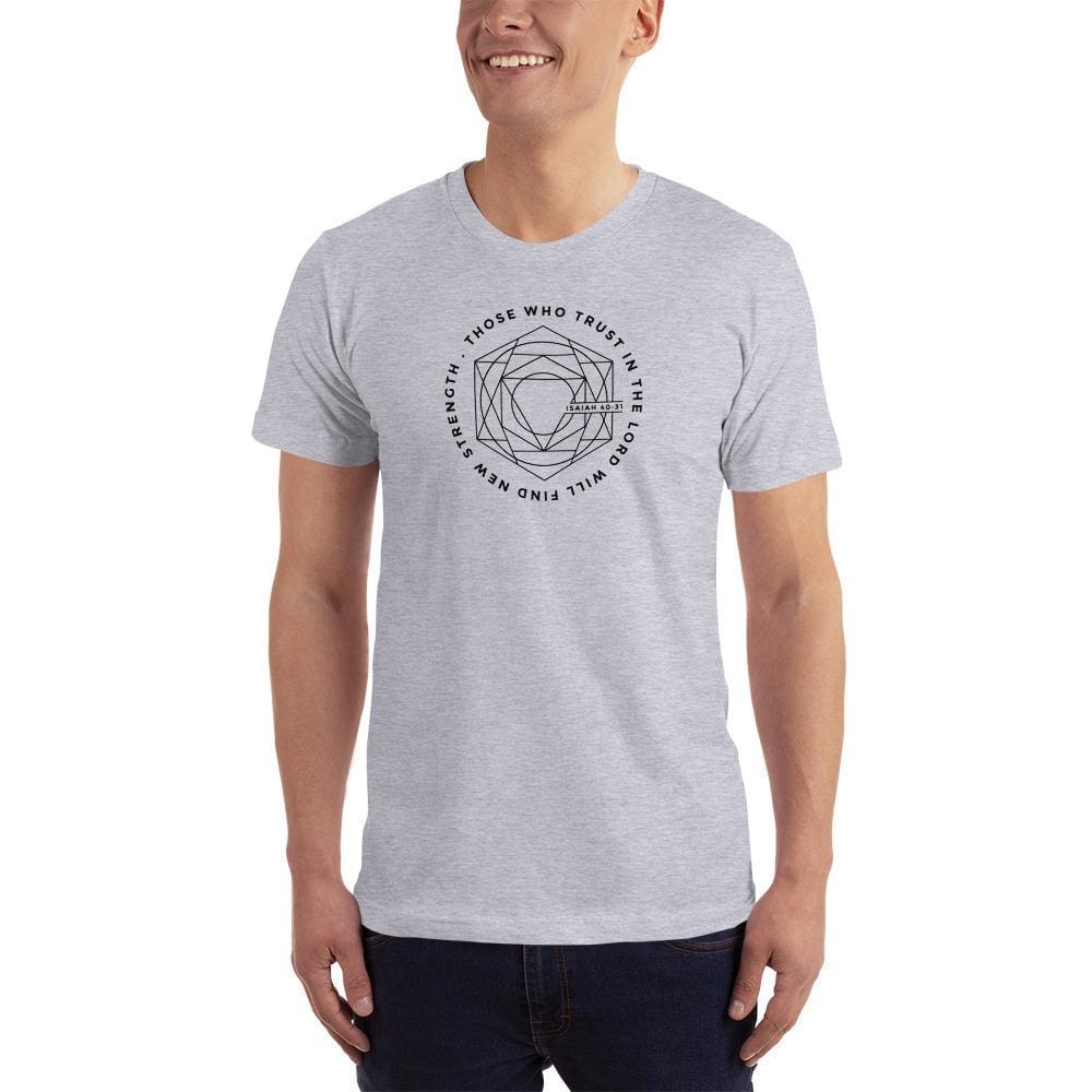 Men's slate gray Christian T-shirt with circular geometric faith graphic
