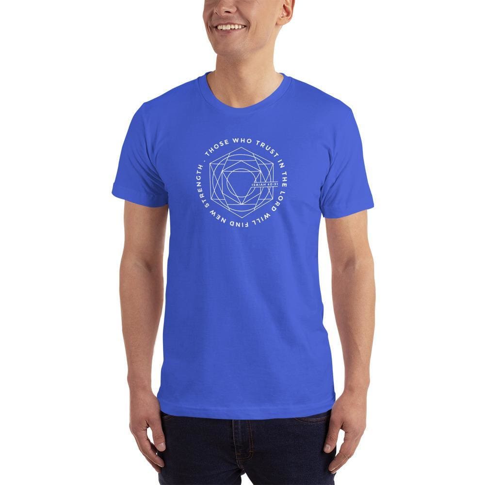 Men's Christian T-shirt, royal blue, crew neck with white circular faith graphic