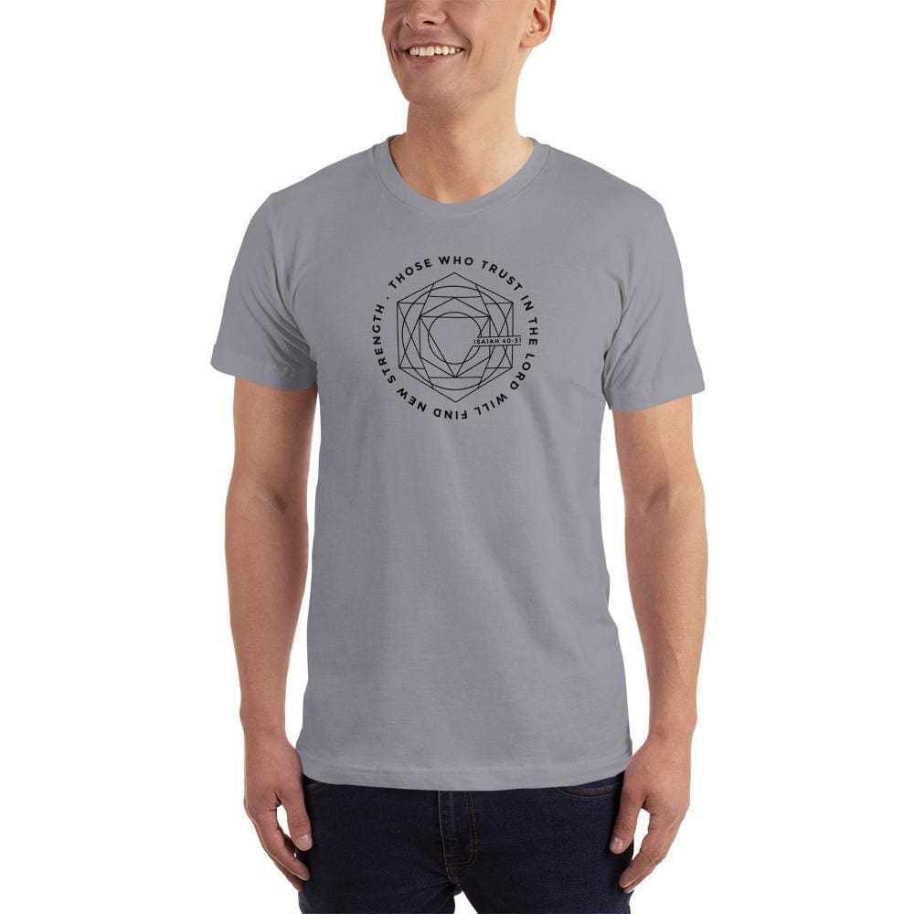 Men's heather gray Christian T-shirt with circular geometric faith graphic