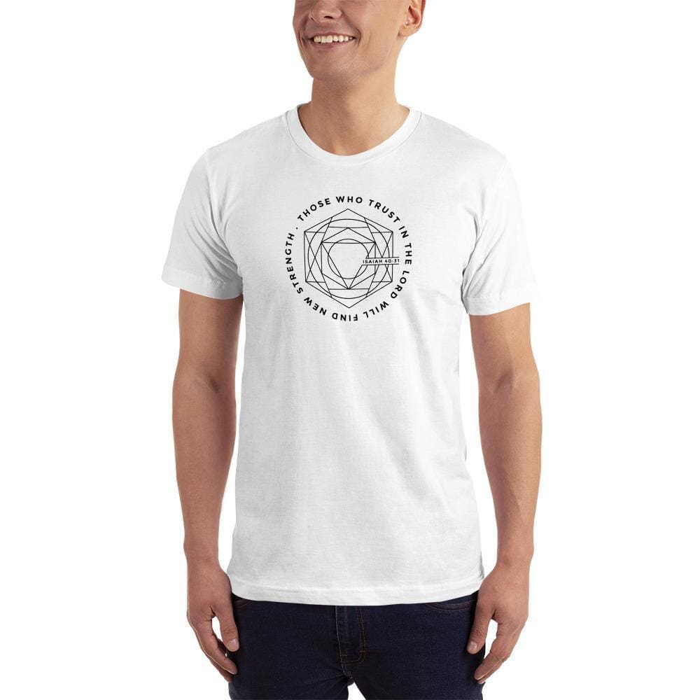 Men's white Christian T-shirt with circular geometric faith graphic