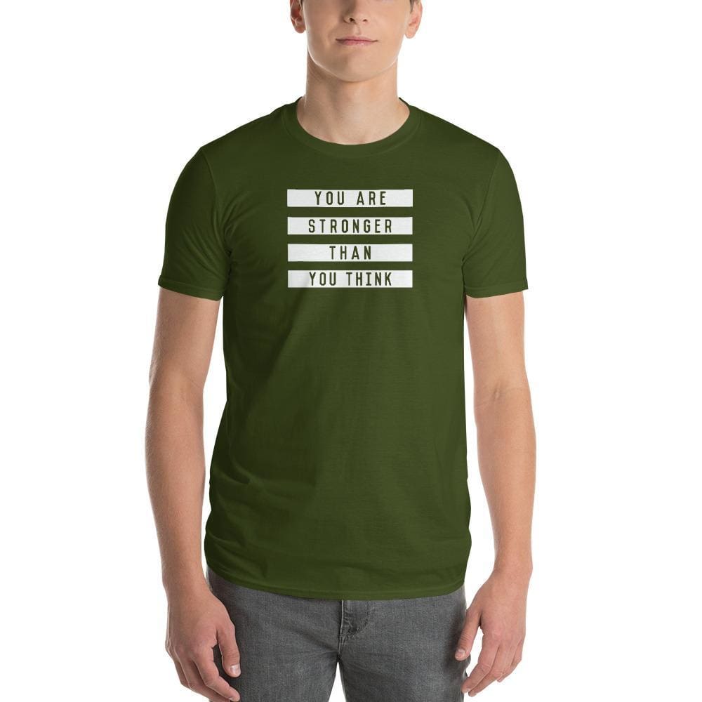 Men's city green T-shirt with 'You are stronger than you think' text graphic