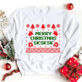 White crewneck sweatshirt with Christmas trees, reindeer, and red/green holiday graphic