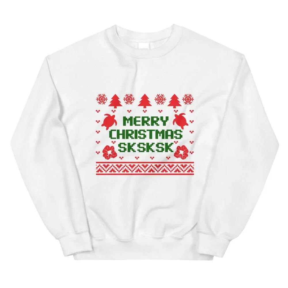 White crewneck sweatshirt with festive Christmas lettering, trees, and reindeer graphic