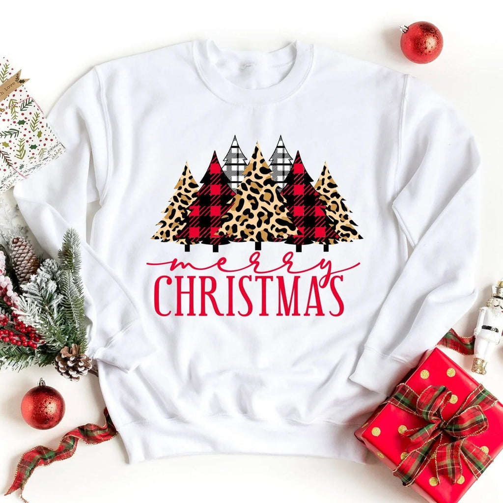 White crewneck sweatshirt with leopard plaid Christmas tree graphic and Merry Christmas text