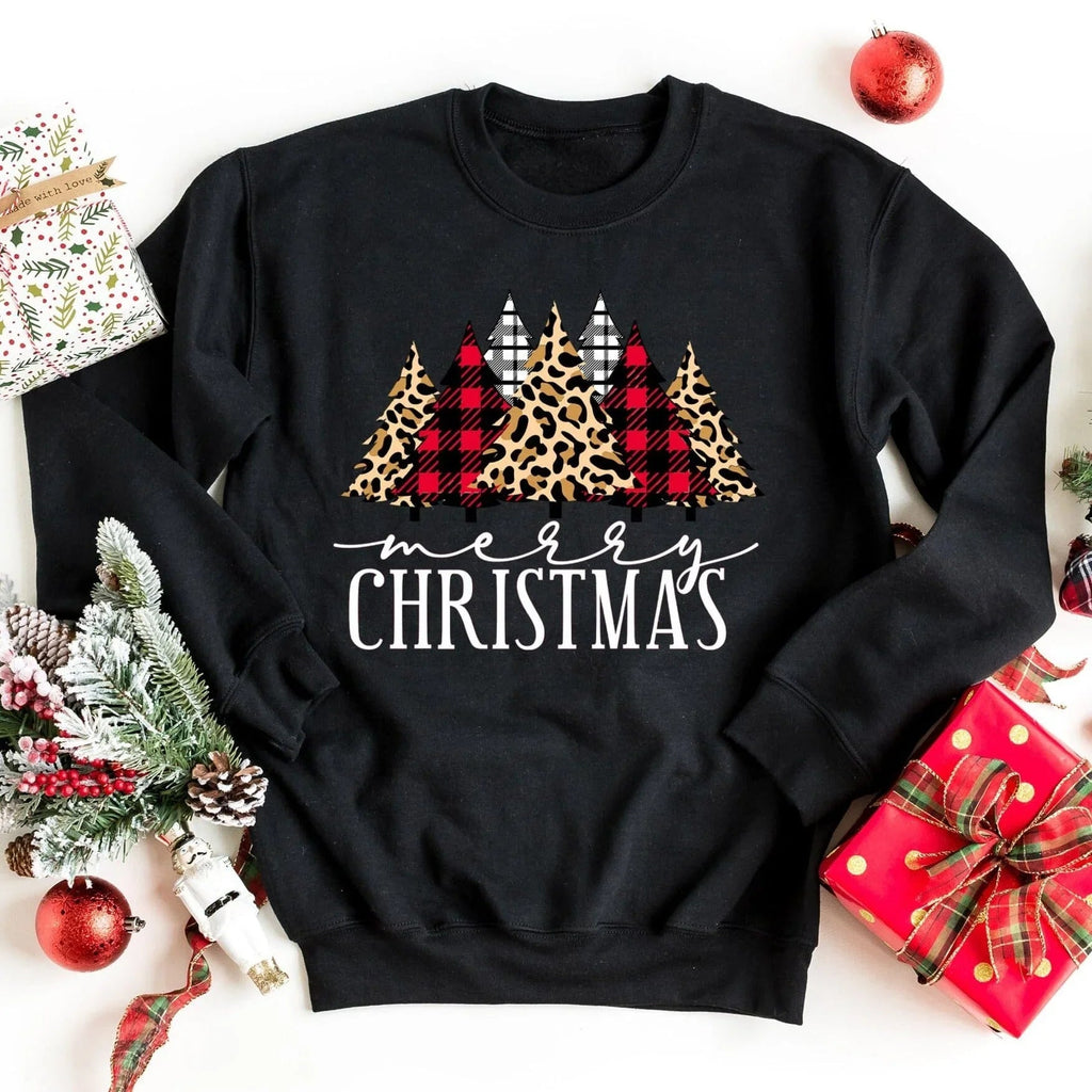 Black crewneck sweatshirt with leopard plaid tree graphic and Merry Christmas text