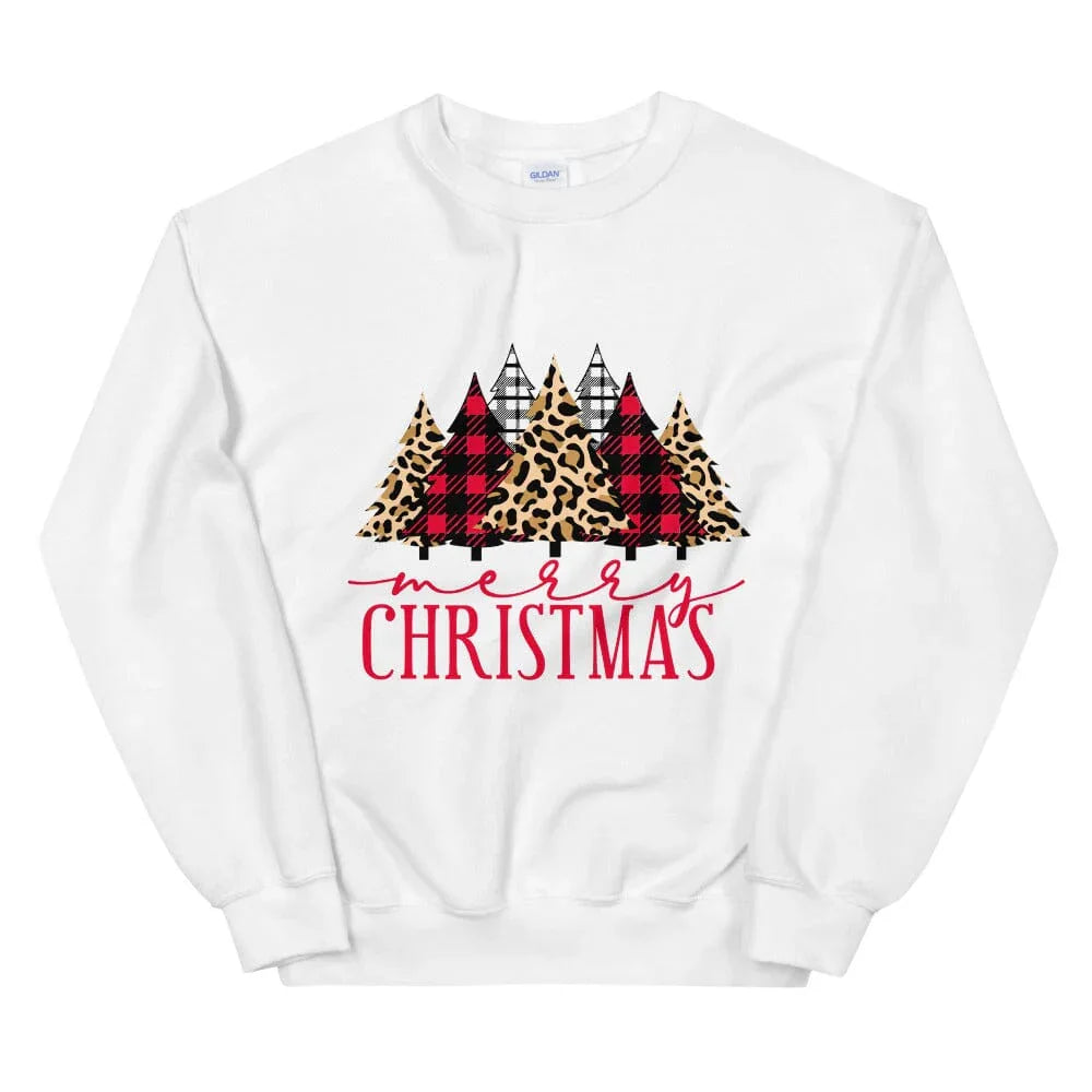 White crewneck sweatshirt with leopard plaid tree graphic and red Merry Christmas lettering