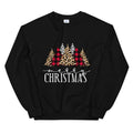 Black crewneck sweatshirt with leopard plaid trees and Merry Christmas graphic
