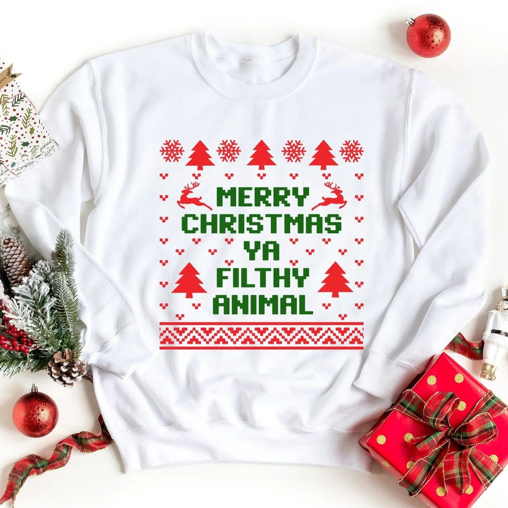White crewneck sweatshirt with red and green holiday graphic front