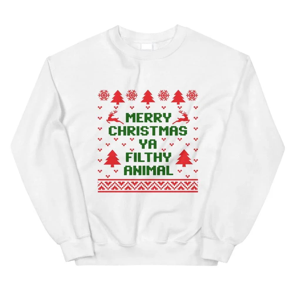White crewneck sweatshirt with red/green Merry Christmas Ya Filthy Animal graphic