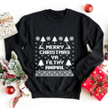 Black sweatshirt with festive holiday typography and tree icons, crewneck, long sleeves