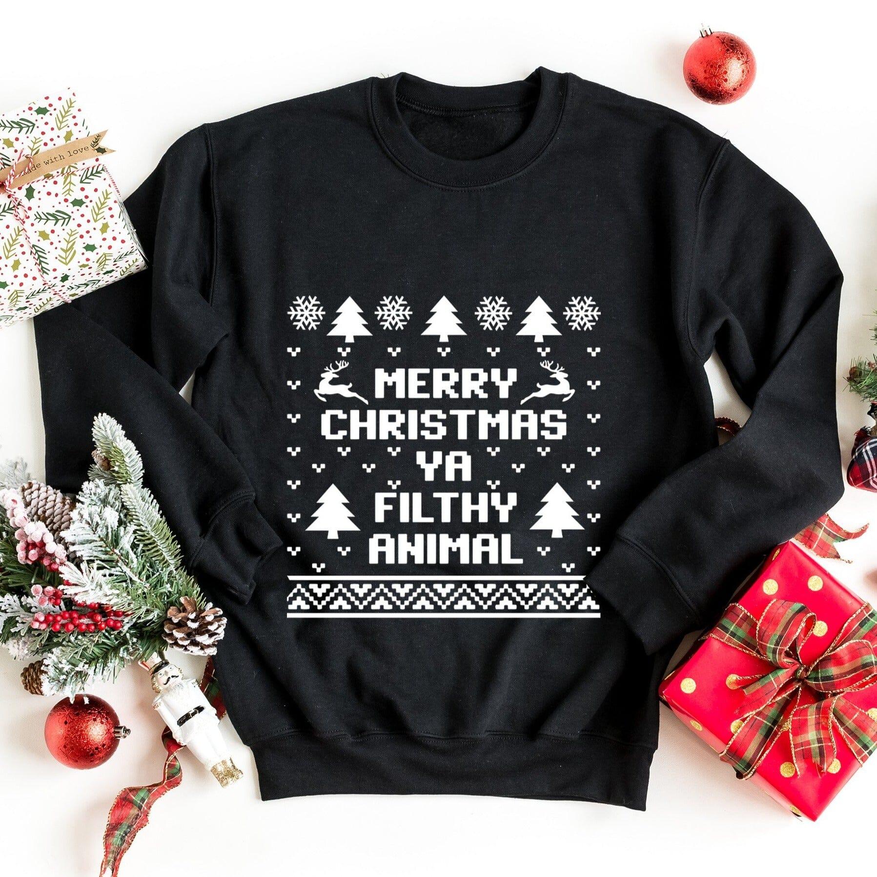 Black sweatshirt with festive holiday typography and tree icons, crewneck, long sleeves