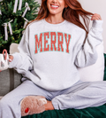 Ash gray crewneck sweatshirt with front 'MERRY' print, long sleeves