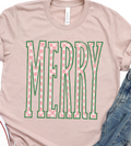 Pink T-shirt with large green plaid MERRY graphic on front