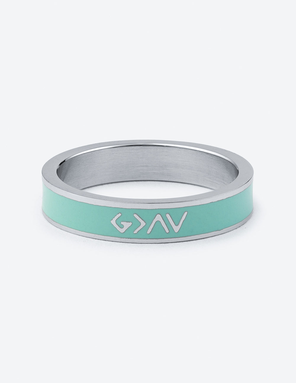 Mint enamel highs and lows ring with silver band and teal inlay, engraved GAV logo