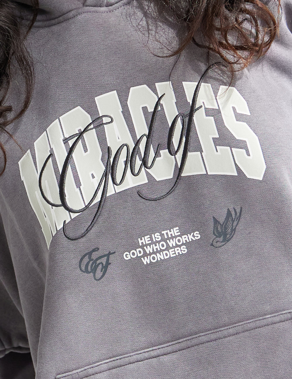 Grey hoodie with large front script graphic logo and small winged text