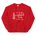 Red crewneck sweatshirt with holiday tree text graphic