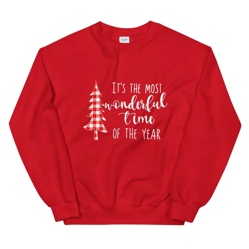 Red crewneck sweatshirt with holiday tree text graphic